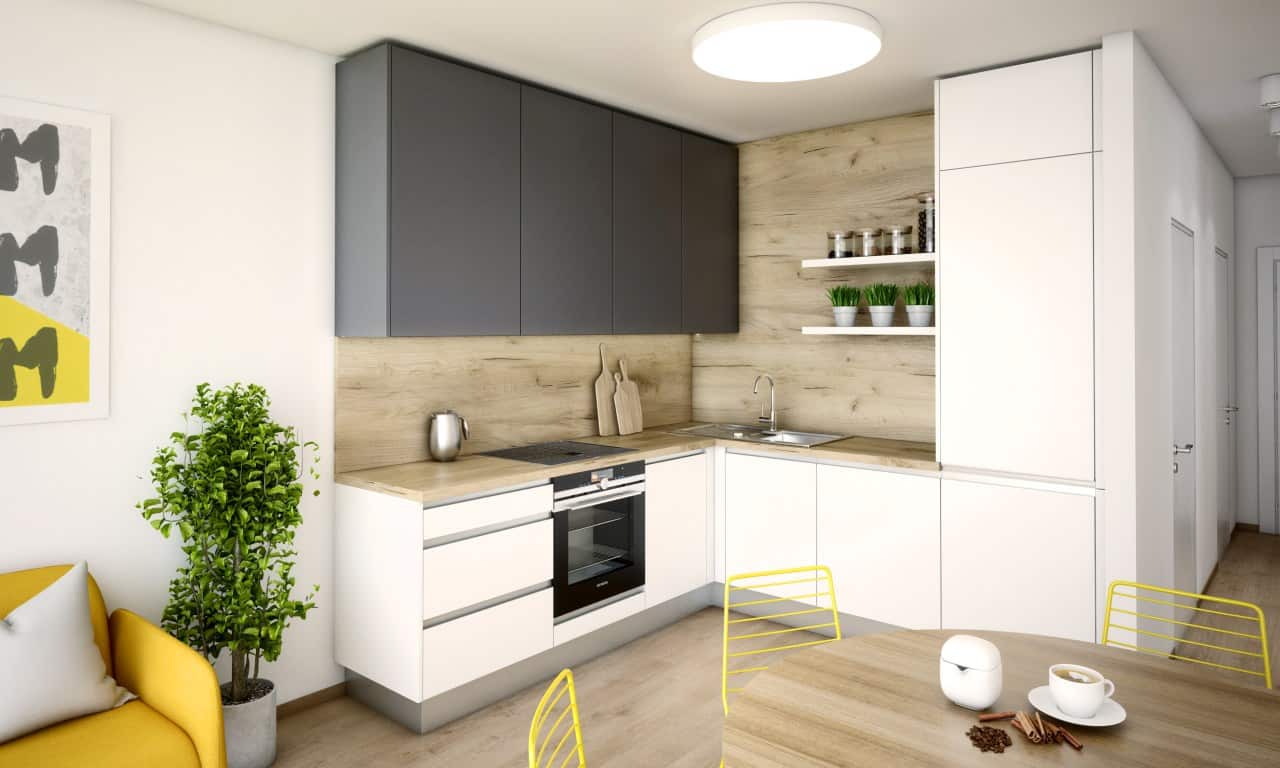 Realizácia bytu v Urban Residence, kde je spojená žltá a sivá farba. Zdroj: iKuchyne.sk